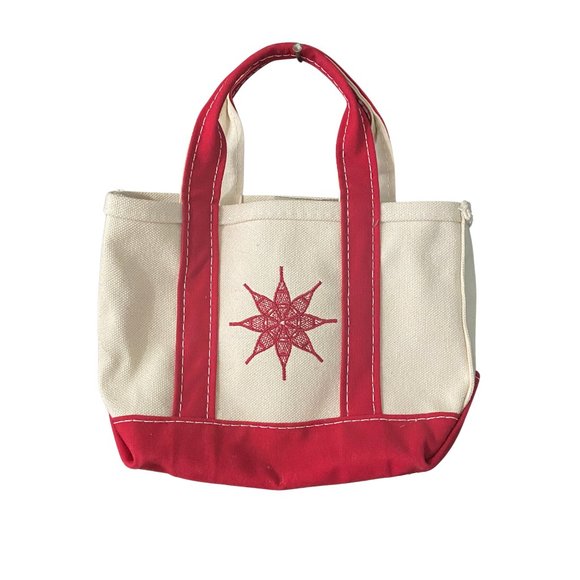 L.L. Bean Handbags - VTG L.L. Bean Embroidered Red Floral Design Tan Canvas 12" Mini Tote Bag Eco